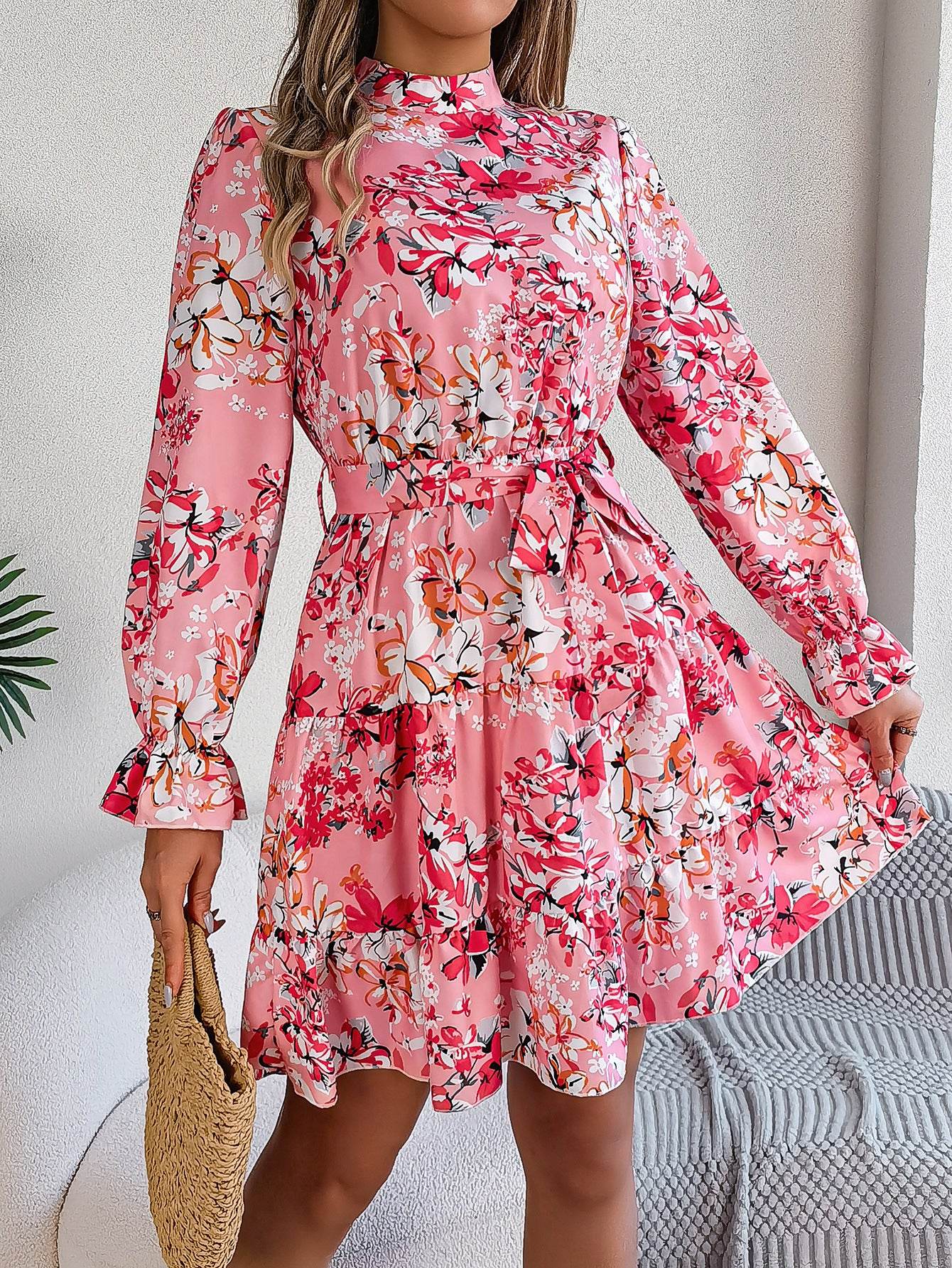 Standing Collar Floral Print Waist-controlled Long Sleeves Ruffled A-line Dresses For Women Spring Autumn Ruffle Edge Long Dress - Odeita