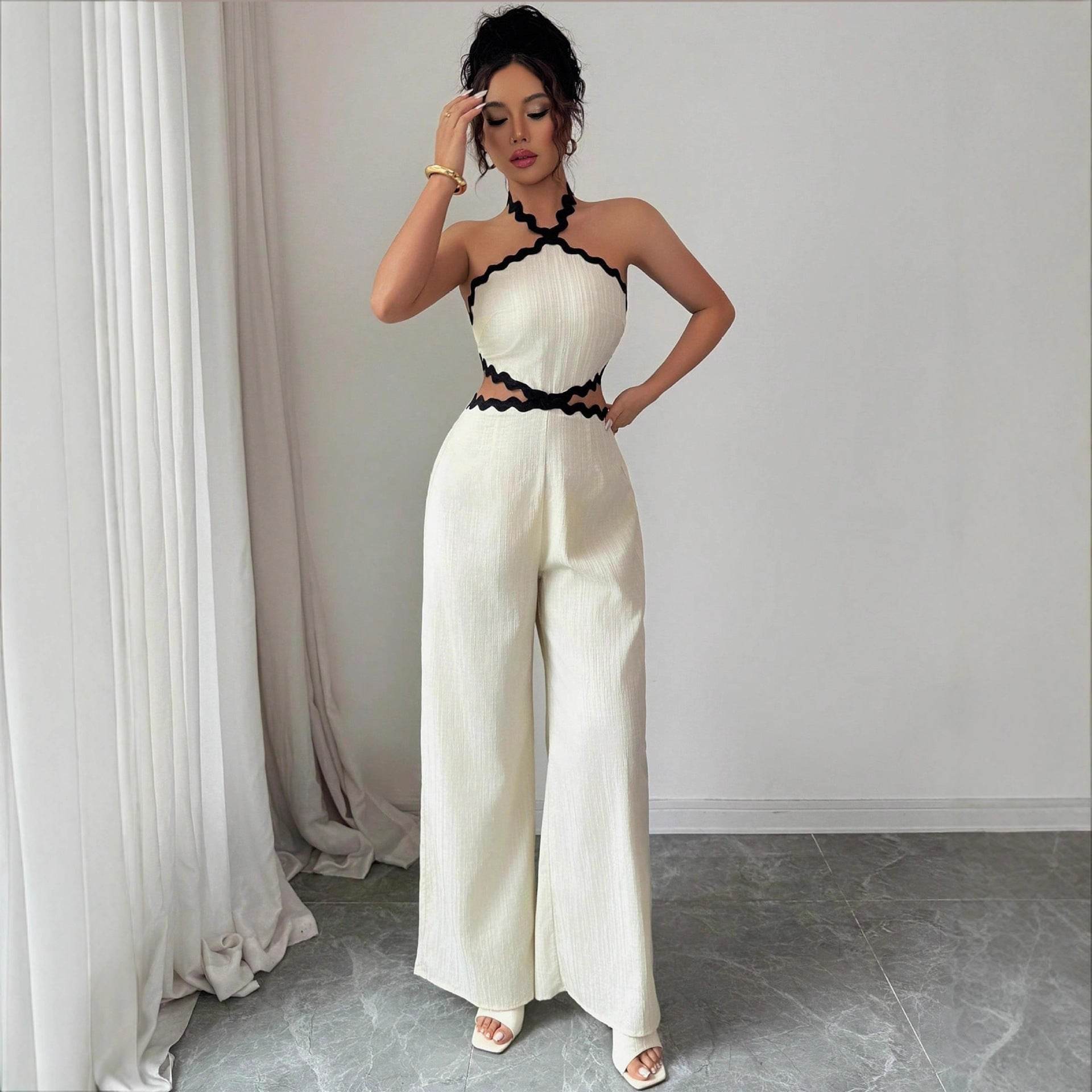 Women's Fashionable Wave Lace Texture Halter Stitching Hollow-out Jumpsuit - Odeita