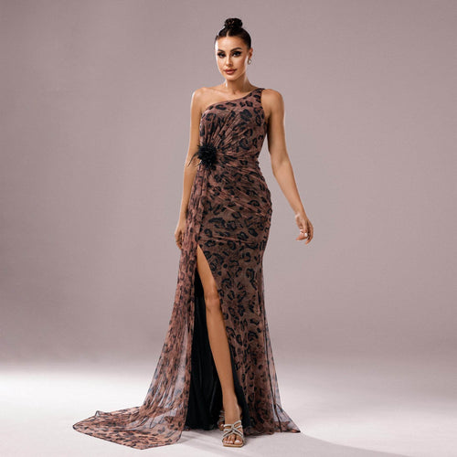 One-shoulder Diagonal Collar Leopard Sequined Evening Dress - Odeita