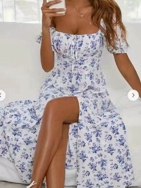 Floral Print Short Sleeve Split Dress Summer Fashion Lace-up Beach Long Dresses Women's Clothing - Odeita
