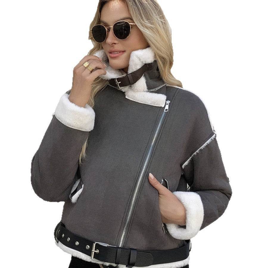 Women's Casual Fashion Polo Collar Plush Jacket Coat - Odeita