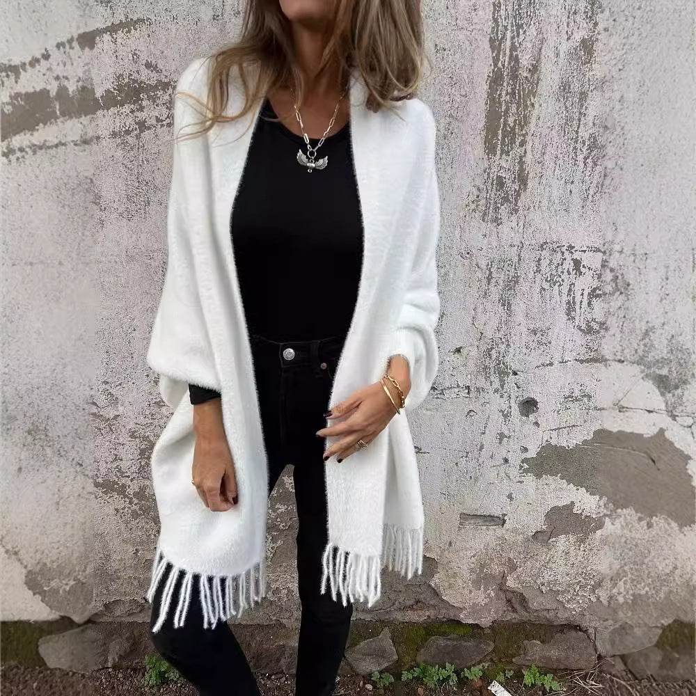 Women's Knitted Batwing Sleeve Cardigan With Tassel Design Fashion Loose Shawl Outwear Clothing - Odeita
