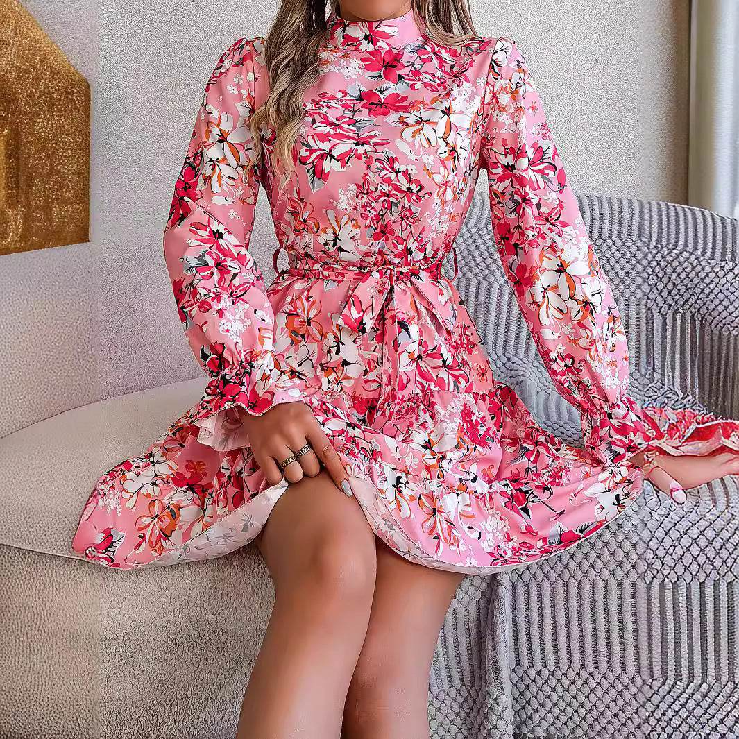 Standing Collar Floral Print Waist-controlled Long Sleeves Ruffled A-line Dresses For Women Spring Autumn Ruffle Edge Long Dress - Odeita