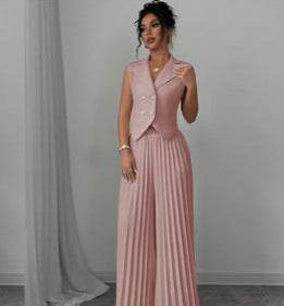Summer Sleeveless Suit Fashion Lapel Button Vest Top And Pleated Straight Pants Women's Trousers Set Clothing - Odeita