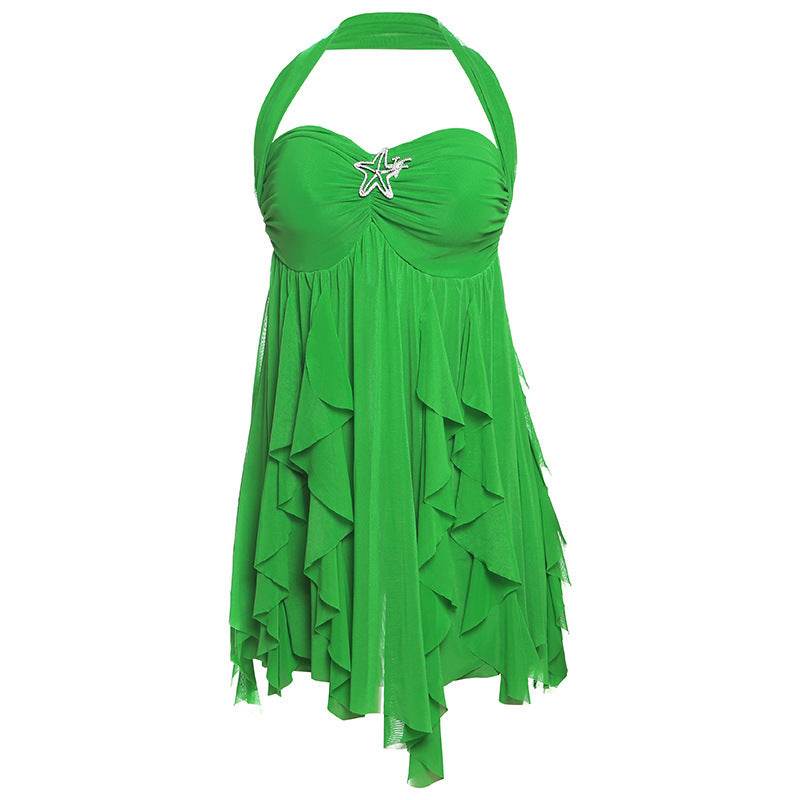 Ins Halter Neck Backless Dress Summer Sexy Printed Irregular Mesh Short Dresses For Evening Party Club Women's Clothing - Odeita