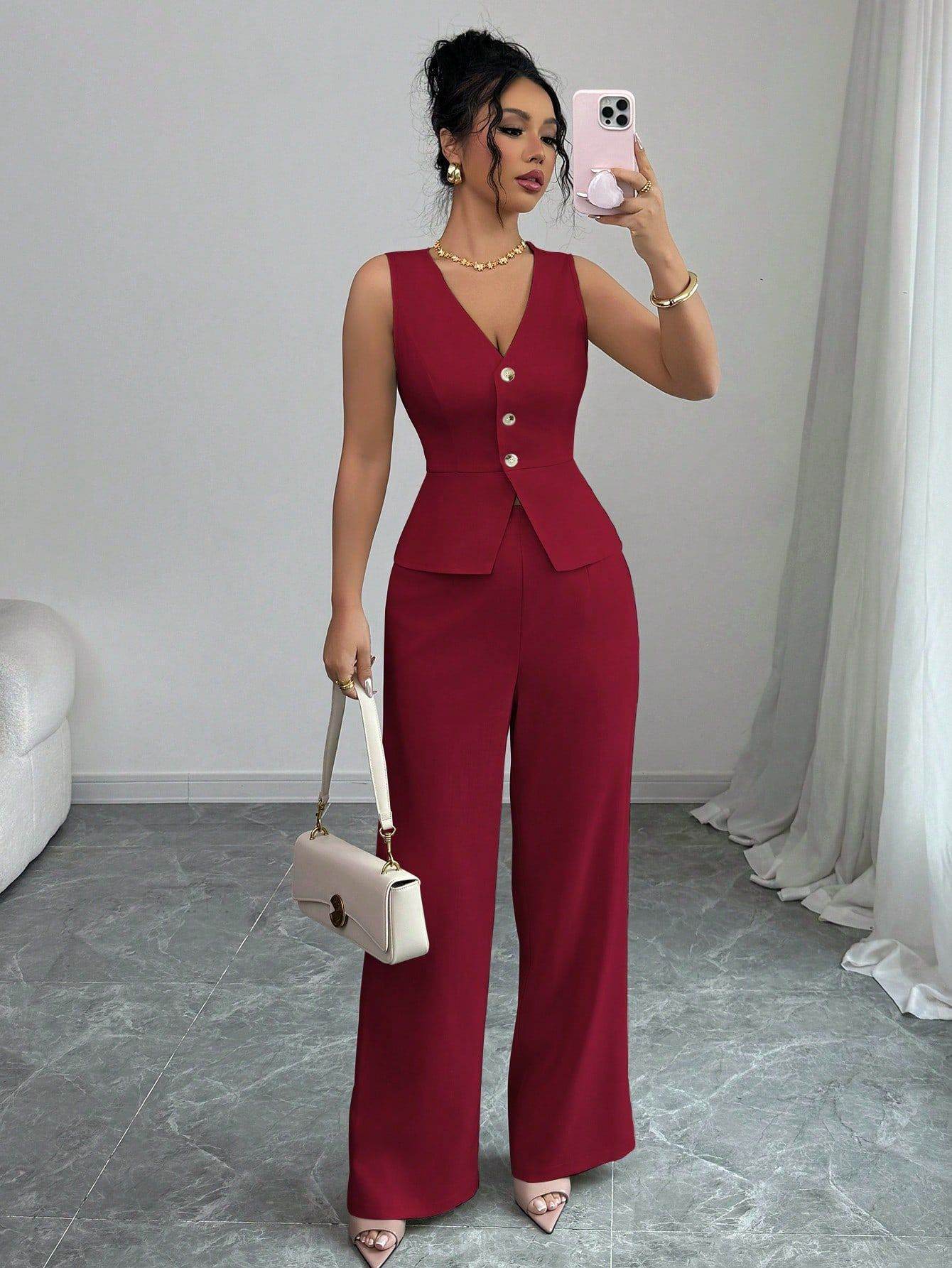 Solid Color Sleeveless Slim Fit Vest High Waist Trousers Two-piece Set - Odeita