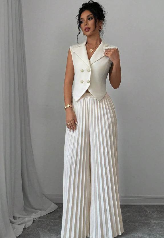 Summer Sleeveless Suit Fashion Lapel Button Vest Top And Pleated Straight Pants Women's Trousers Set Clothing - Odeita