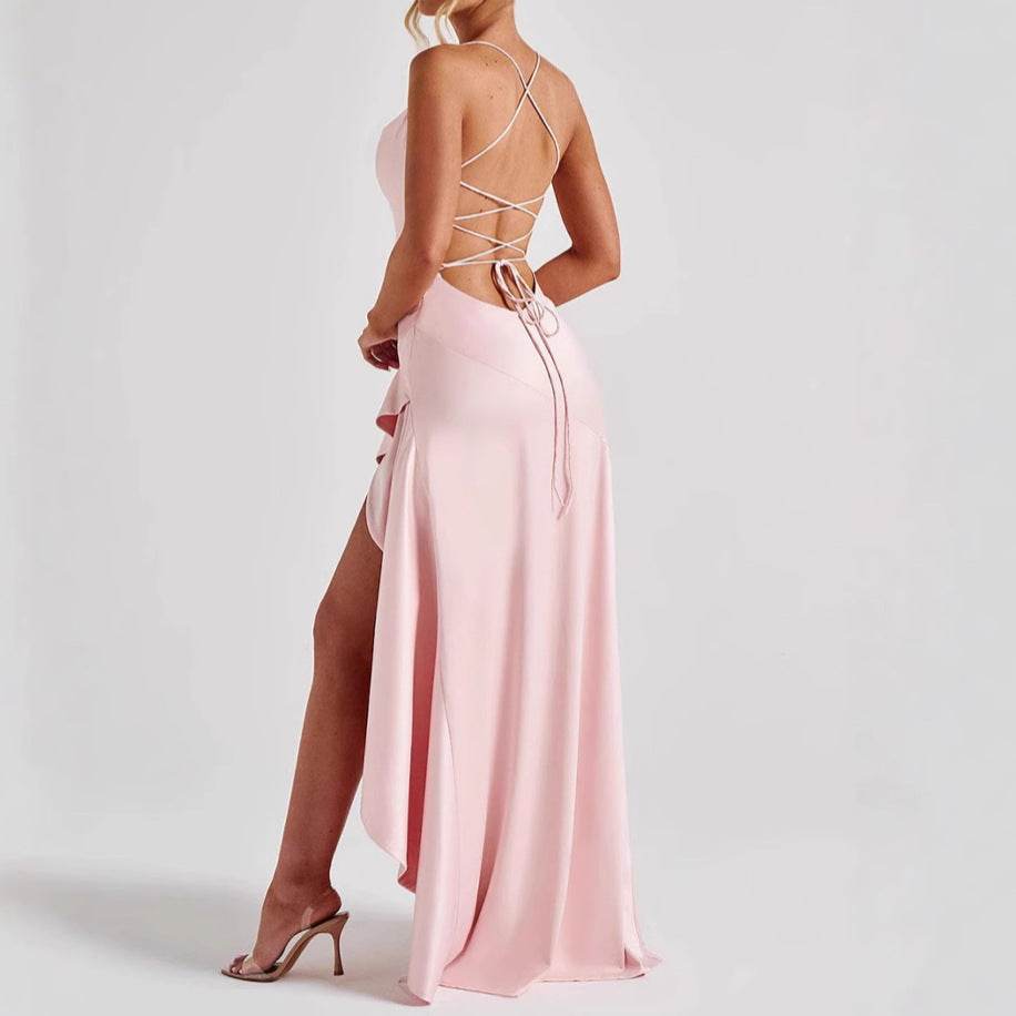 Women's Backless Ruffles Irregular Dress Summer Fashion Evening Party Club Split Suspender Maxi Dresses Clothing - Odeita