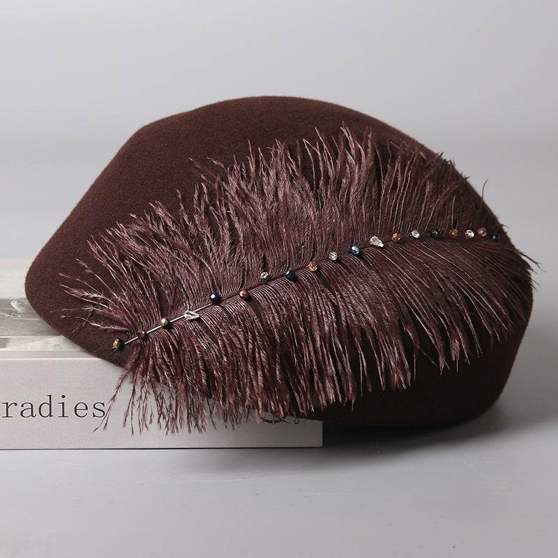Autumn And Winter Retro Style Feather Decorative Wool Beret - Odeita