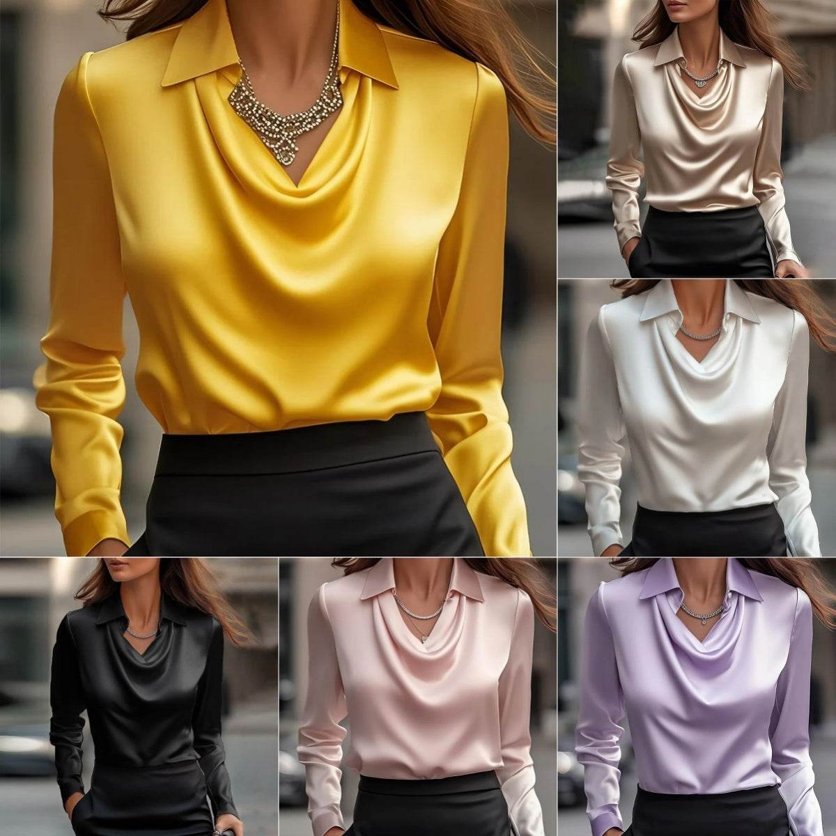 Women's Swing Collar Draped Shirts & Blouses Elegant Solid Satin Office Ladies Top Pullover Spring Long Sleeve Casual Tops - Odeita