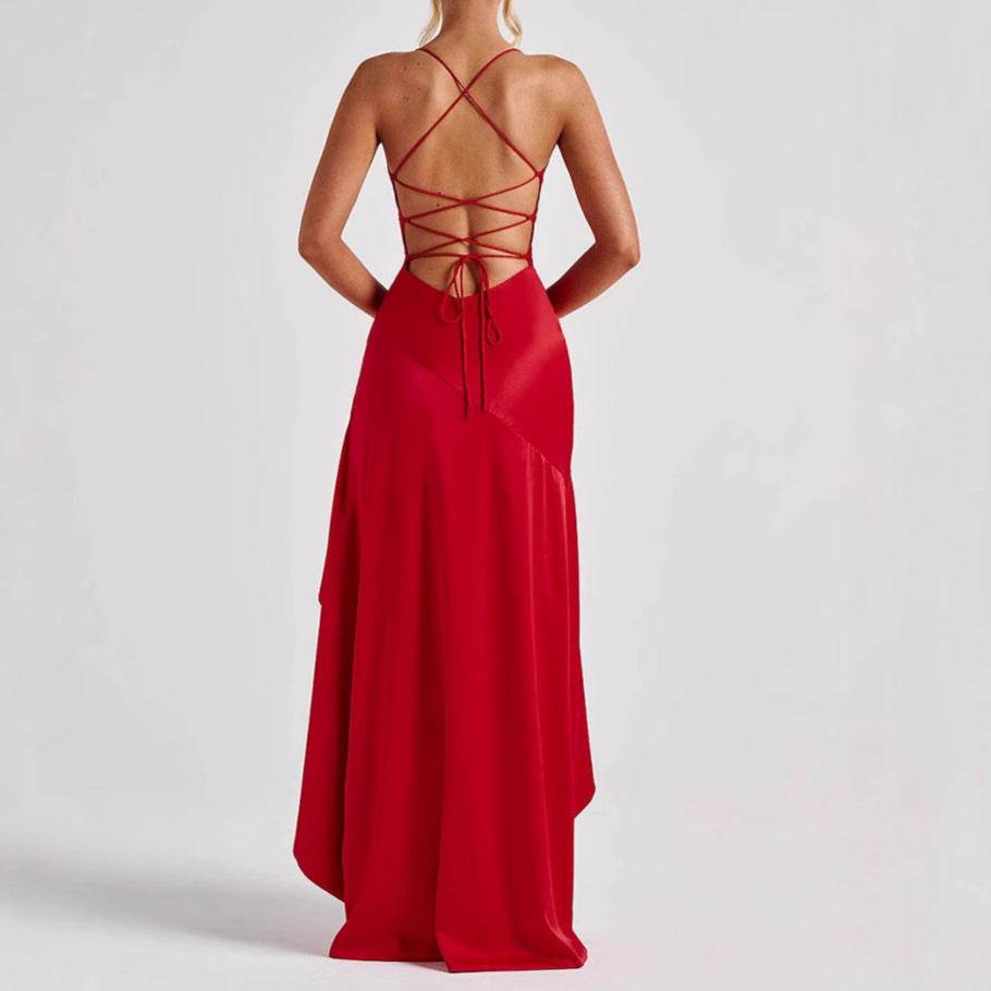 Women's Backless Ruffles Irregular Dress Summer Fashion Evening Party Club Split Suspender Maxi Dresses Clothing - Odeita
