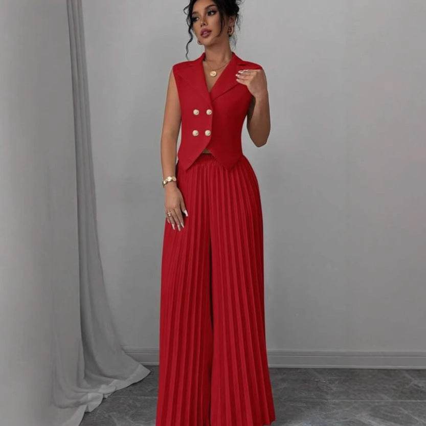 Summer Sleeveless Suit Fashion Lapel Button Vest Top And Pleated Straight Pants Women's Trousers Set Clothing - Odeita