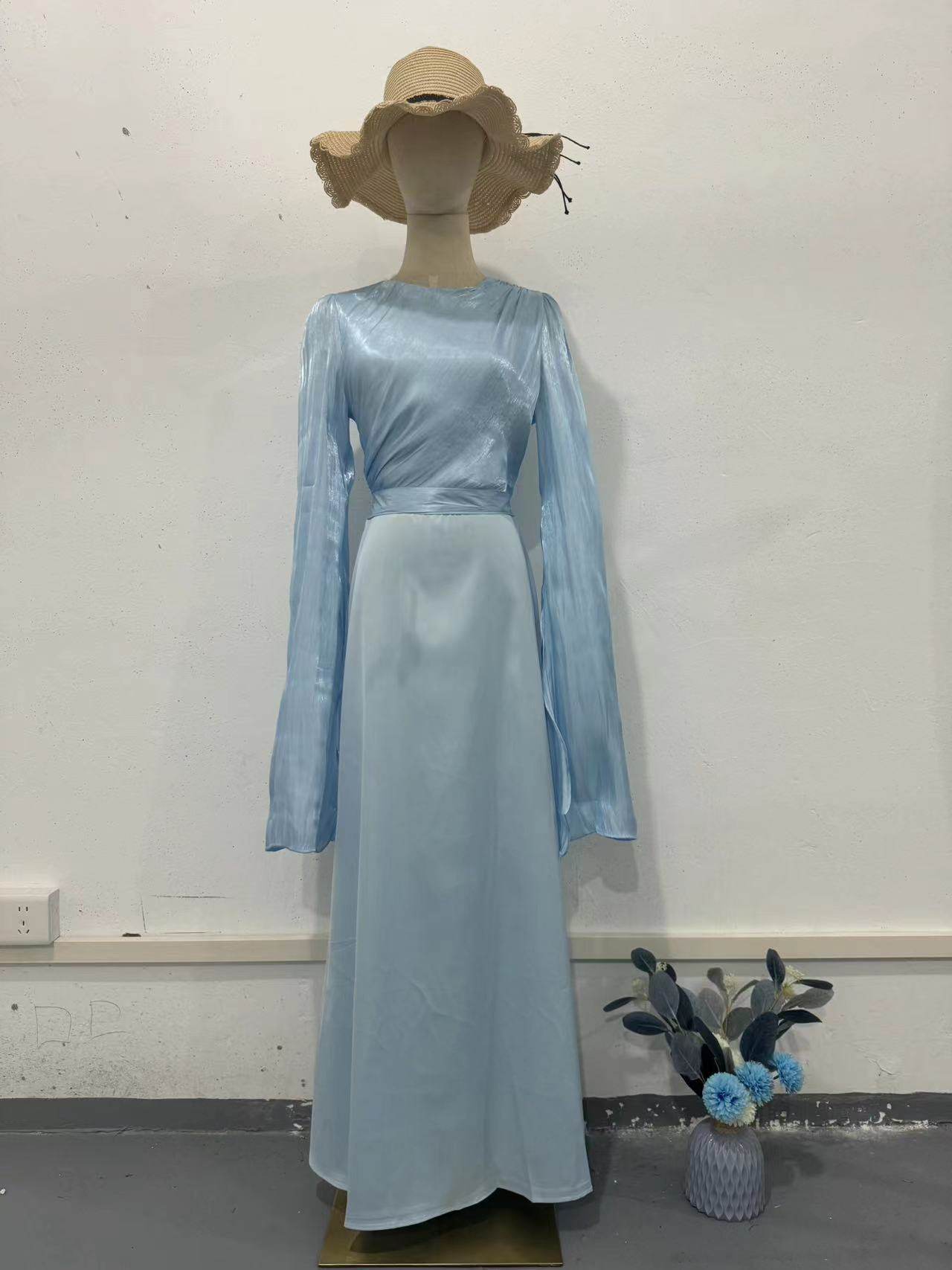Elegant Summer Sleeve Contrast Chiffon & Satin Maxi Dress With Flared Cuffs - Slim Fit Long Dress For Women - Odeita