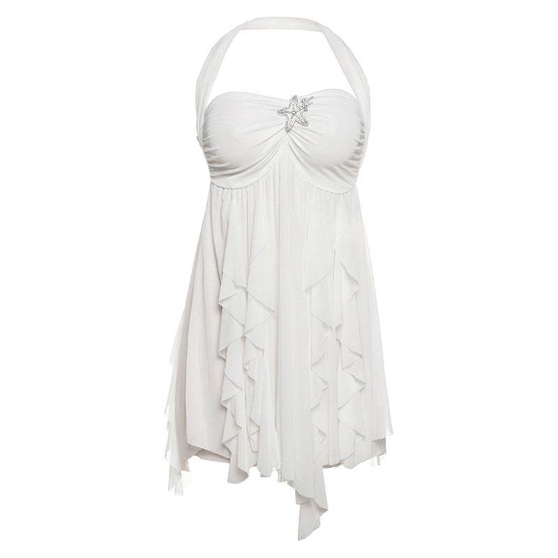 Ins Halter Neck Backless Dress Summer Sexy Printed Irregular Mesh Short Dresses For Evening Party Club Women's Clothing - Odeita