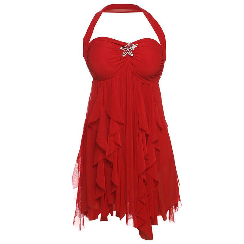 Ins Halter Neck Backless Dress Summer Sexy Printed Irregular Mesh Short Dresses For Evening Party Club Women's Clothing - Odeita