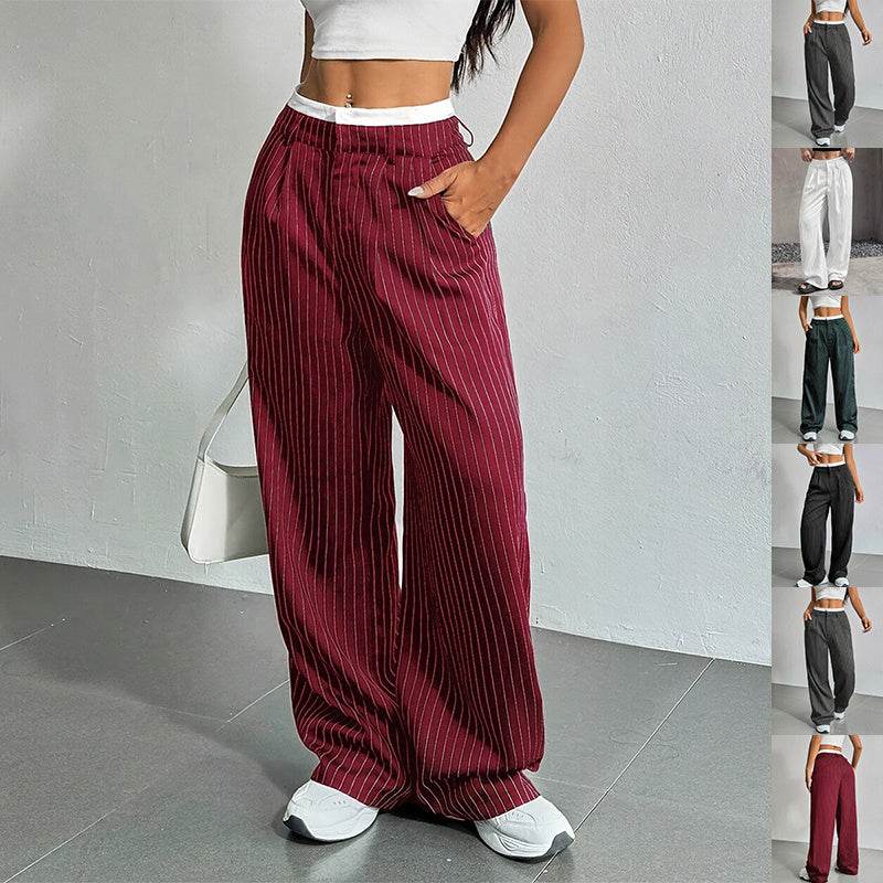 Stripe Printed Trousers Fashion High Waist Straight Leg Pants With Pocket Zipper Casual Suit Pants For Women - Odeita