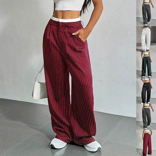 Stripe Printed Trousers Fashion High Waist Straight Leg Pants With Pocket Zipper Casual Suit Pants For Women - Odeita