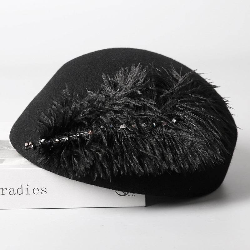 Autumn And Winter Retro Style Feather Decorative Wool Beret - Odeita