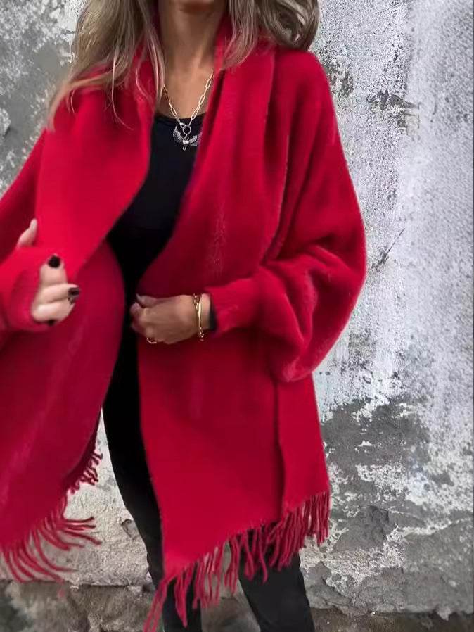 Women's Knitted Batwing Sleeve Cardigan With Tassel Design Fashion Loose Shawl Outwear Clothing - Odeita