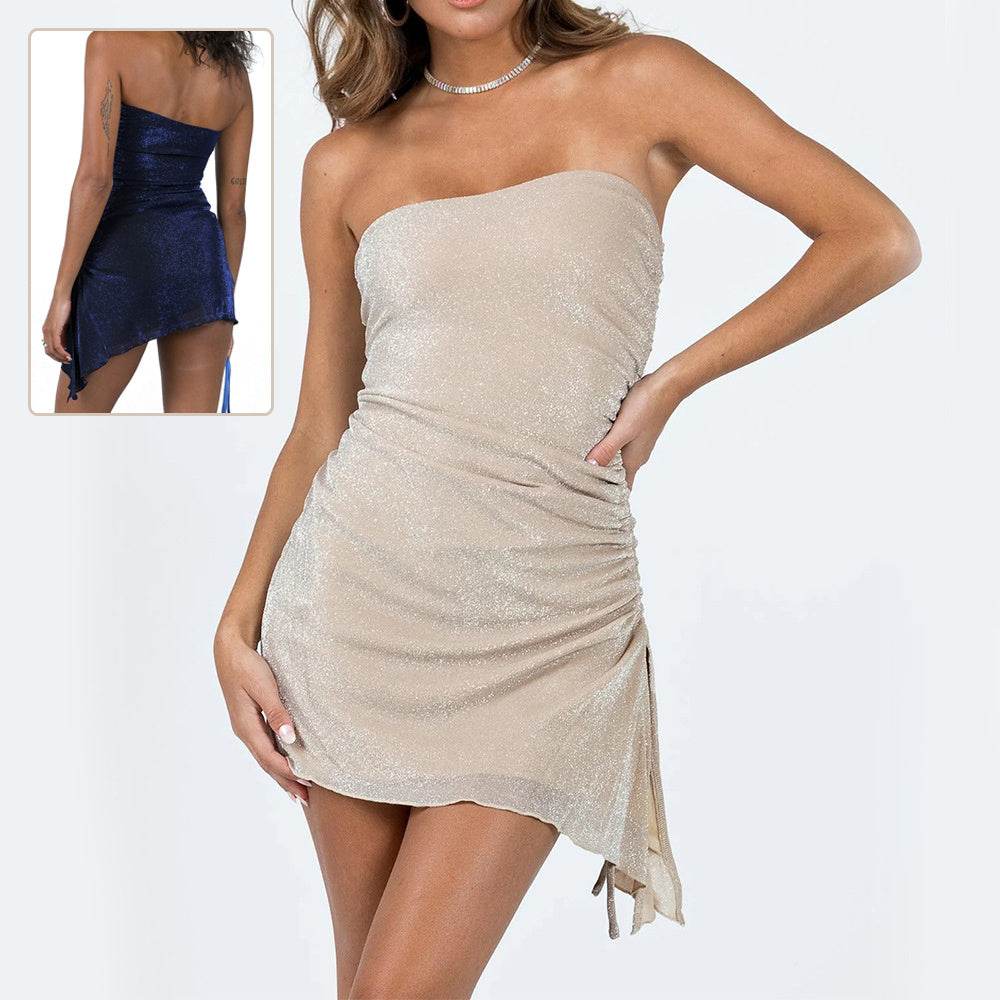 Ins Tube Top Dress With Drawstring Design Summer Backless Dresses For Women Party Club Clothing - Odeita