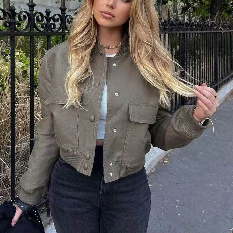 Casual Single-breasted Stand Collar Short Jacket With Pockets Fashion Long Sleeve Outwear Tops Coat For Womens Clothing - Odeita