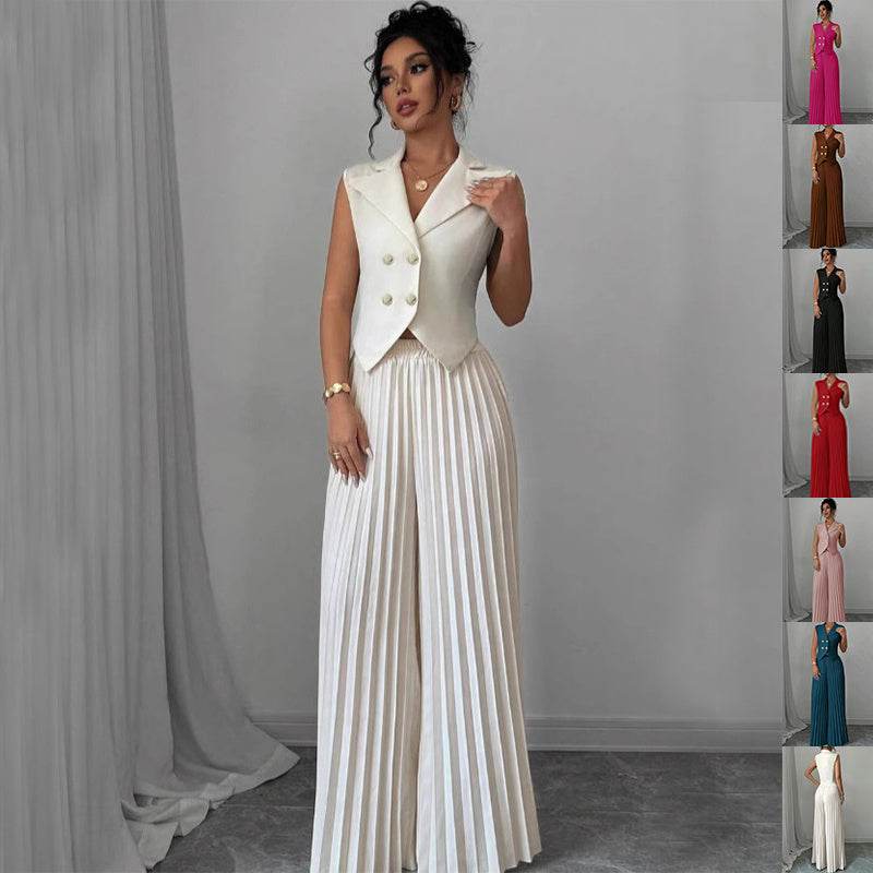 Summer Sleeveless Suit Fashion Lapel Button Vest Top And Pleated Straight Pants Women's Trousers Set Clothing - Odeita
