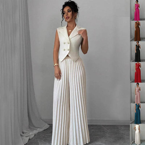 Summer Sleeveless Suit Fashion Lapel Button Vest Top And Pleated Straight Pants Women's Trousers Set Clothing - Odeita