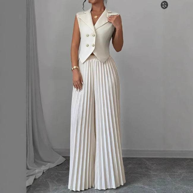 Summer Sleeveless Suit Fashion Lapel Button Vest Top And Pleated Straight Pants Women's Trousers Set Clothing - Odeita