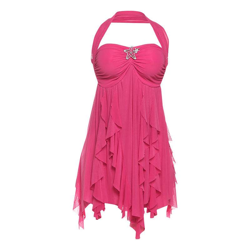 Ins Halter Neck Backless Dress Summer Sexy Printed Irregular Mesh Short Dresses For Evening Party Club Women's Clothing - Odeita