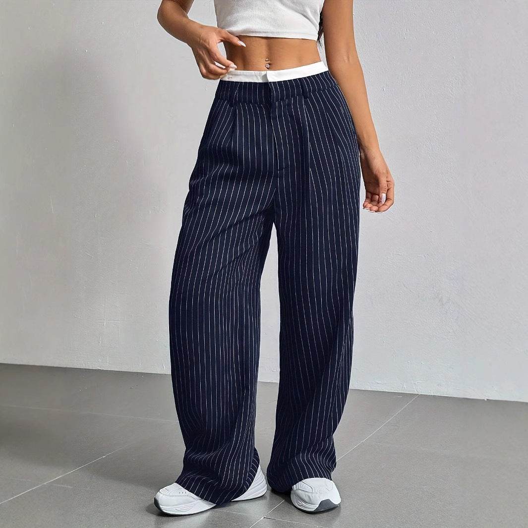 Stripe Printed Trousers Fashion High Waist Straight Leg Pants With Pocket Zipper Casual Suit Pants For Women - Odeita