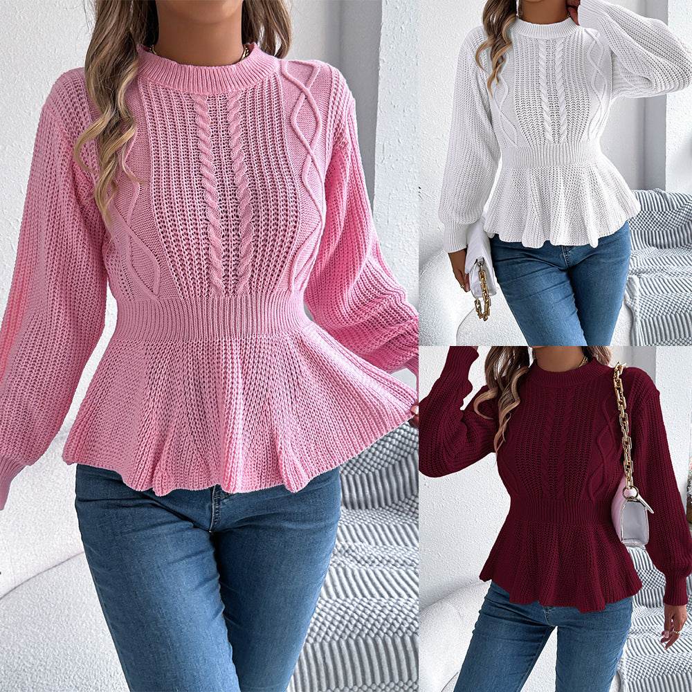 Twist Waist Trimming Ruffles Long Sleeve Pullover - Odeita