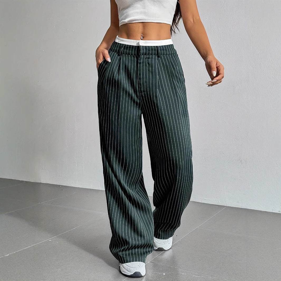 Stripe Printed Trousers Fashion High Waist Straight Leg Pants With Pocket Zipper Casual Suit Pants For Women - Odeita