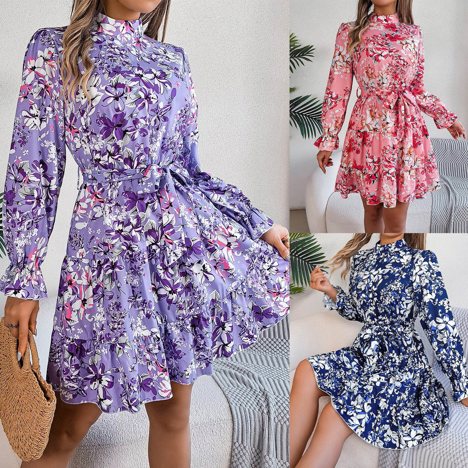 Standing Collar Floral Print Waist-controlled Long Sleeves Ruffled A-line Dresses For Women Spring Autumn Ruffle Edge Long Dress - Odeita