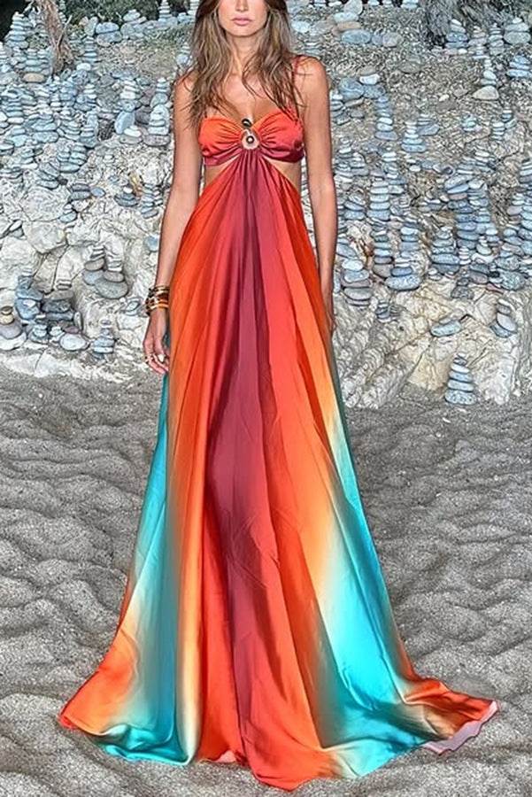 Sexy Gradient Color Halter Maxi Dress - Tropical Beach Boho Chic Long Dress For Women, Flowy Summer Sundress With Slit - Odeita