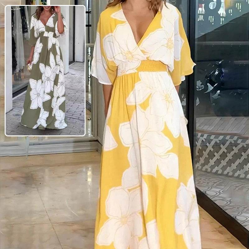 Flower Printed V-neck Batwing-sleeved Dress Fashion Elegant Backless Long Dresses Women's Clothing - Odeita