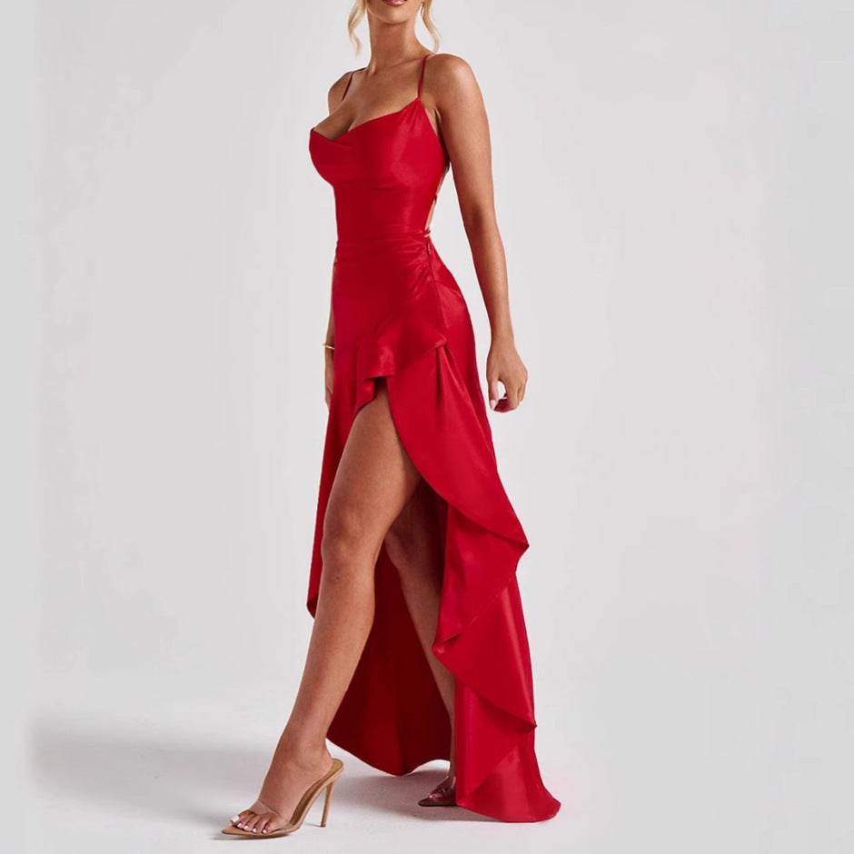 Women's Backless Ruffles Irregular Dress Summer Fashion Evening Party Club Split Suspender Maxi Dresses Clothing - Odeita