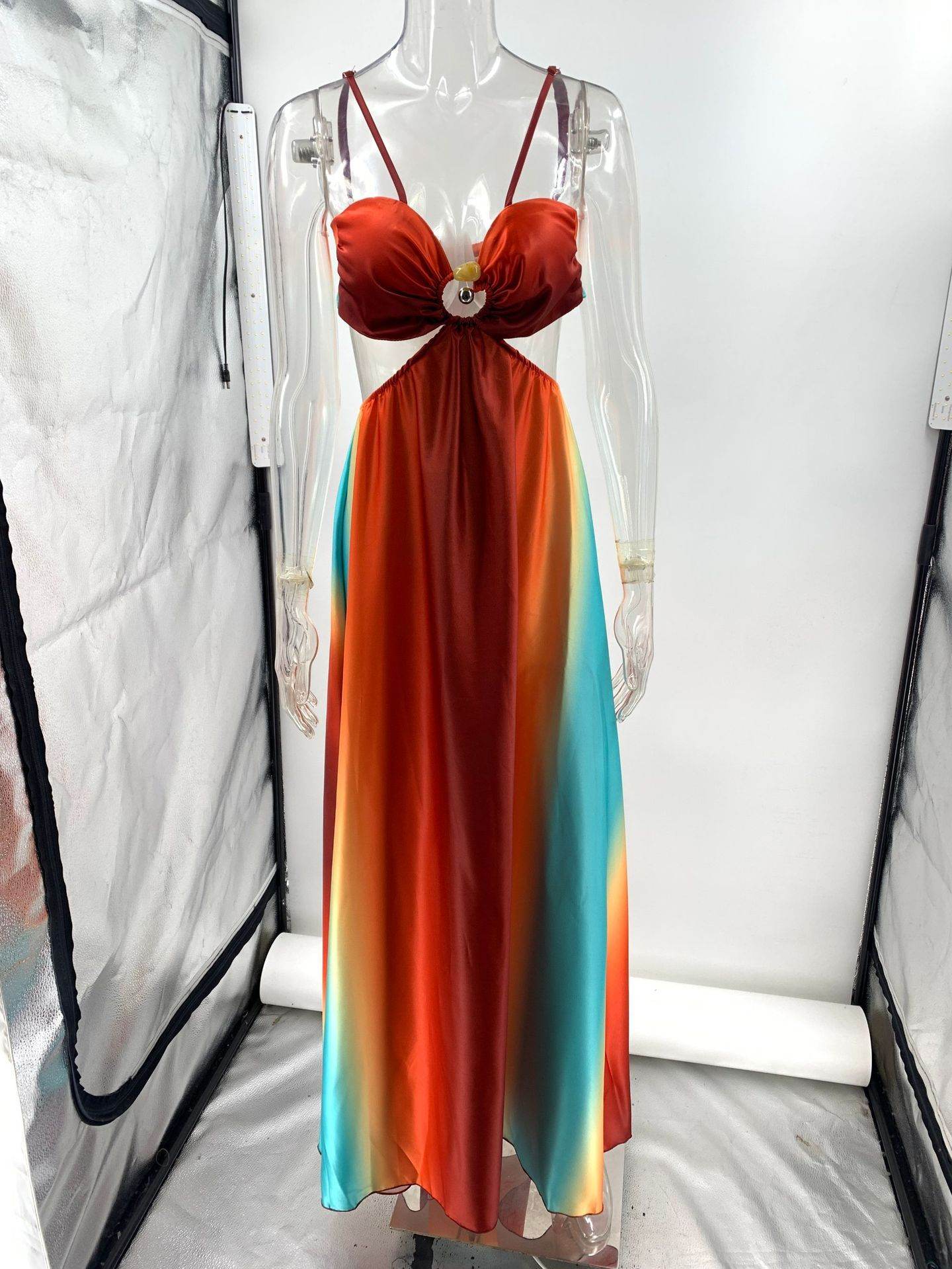 Sexy Gradient Color Halter Maxi Dress - Tropical Beach Boho Chic Long Dress For Women, Flowy Summer Sundress With Slit - Odeita