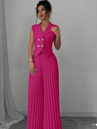 Summer Sleeveless Suit Fashion Lapel Button Vest Top And Pleated Straight Pants Women's Trousers Set Clothing - Odeita