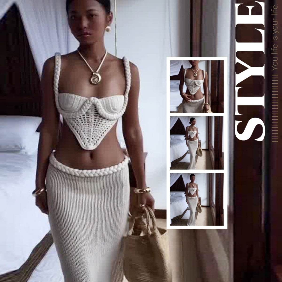 Y2K Crochet Knit 2 Piece Skirt Set Women's Square Collar Camisole Hip Skirt Hollow Out Strapless Tube Top Low Waist Bodycon Maxi Skirts Outfit - Odeita