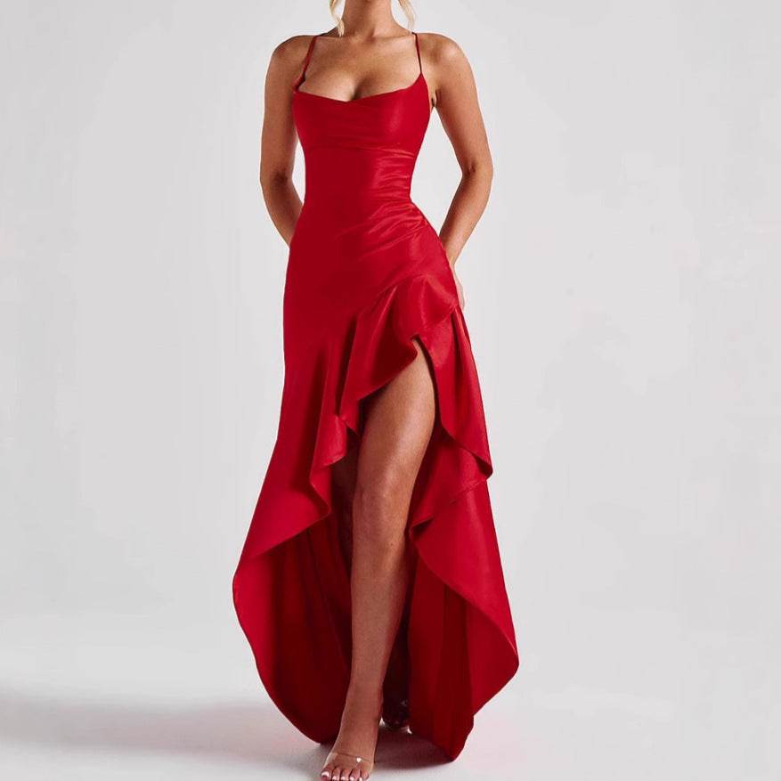 Women's Backless Ruffles Irregular Dress Summer Fashion Evening Party Club Split Suspender Maxi Dresses Clothing - Odeita