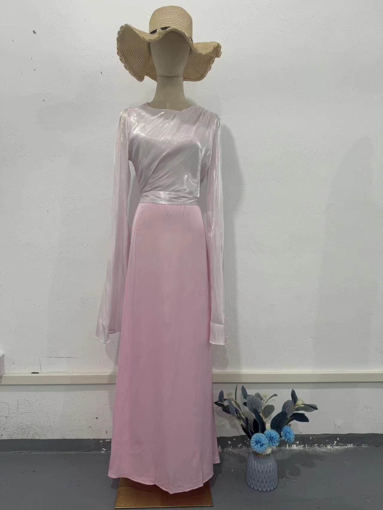 Elegant Summer Sleeve Contrast Chiffon & Satin Maxi Dress With Flared Cuffs - Slim Fit Long Dress For Women - Odeita