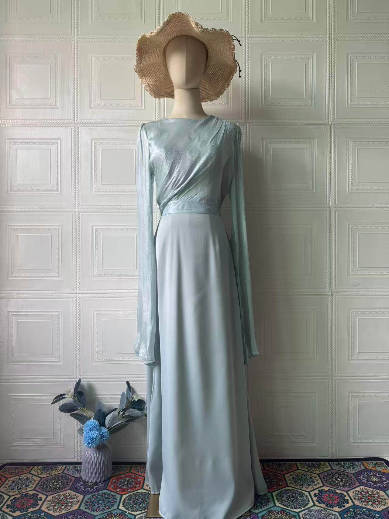Elegant Summer Sleeve Contrast Chiffon & Satin Maxi Dress With Flared Cuffs - Slim Fit Long Dress For Women - Odeita