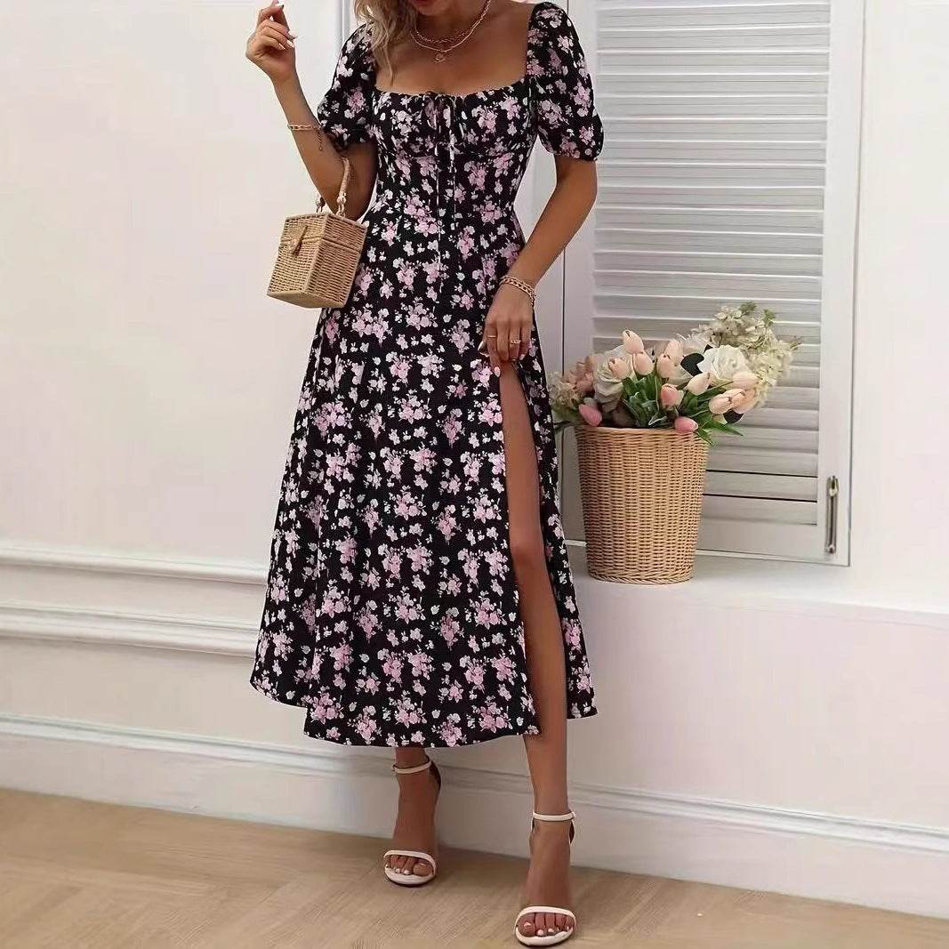 Floral Print Short Sleeve Split Dress Summer Fashion Lace-up Beach Long Dresses Women's Clothing - Odeita
