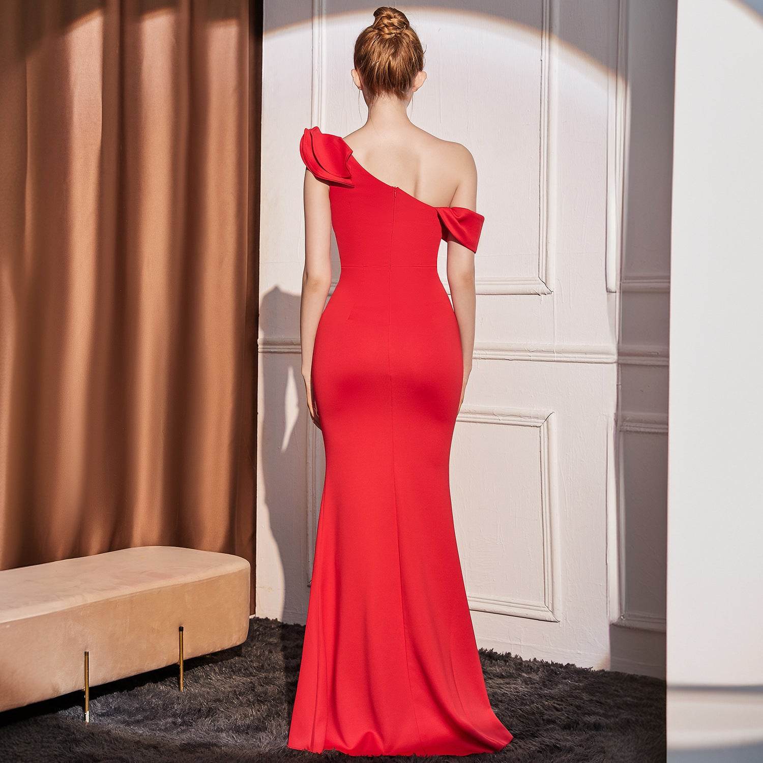 High-end Slant Shoulder Slimming Long Dress - Odeita