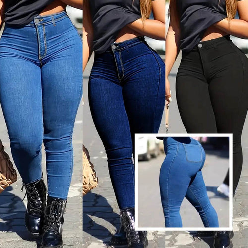 Spring Autumn Women's Skinny Fit Denim Jeans Solid Color High Waist Jeans For Women Oversized Basics Pants Ladies Pencil Pants - Odeita