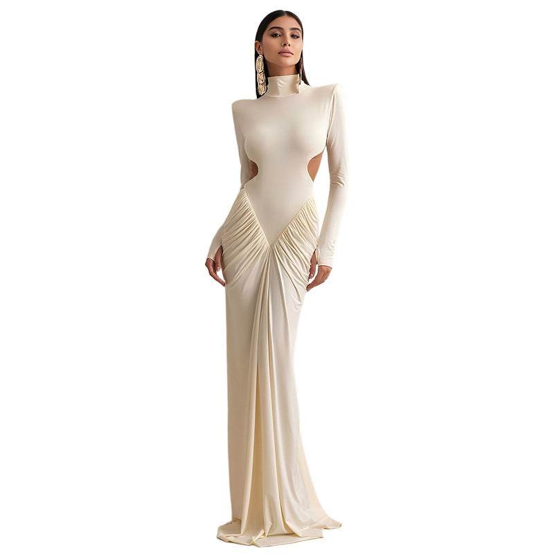 Long Sleeve High Collar Temperament Slim Fit Pleated Backless Dress - Odeita