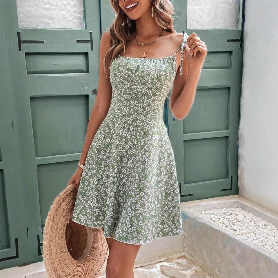 Women's Summer Floral Spaghetti Strap Beach Short Dress,Womens Dresses,Woman Clothing,Woman Clothes,Sundress,New In Dress - Odeita