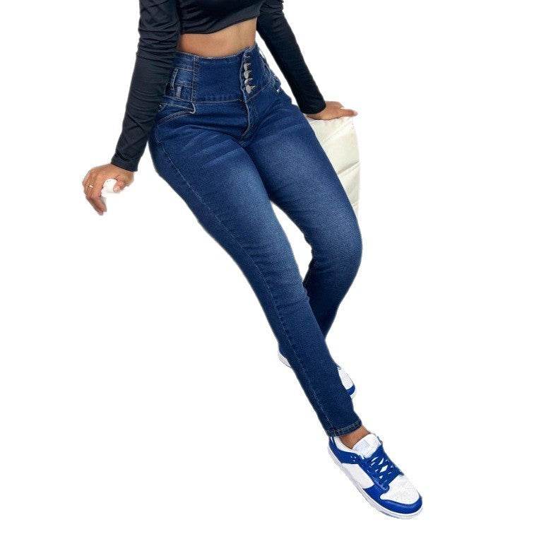 Women's Breasted Straight-leg Trousers Dark Blue Jeans - Odeita