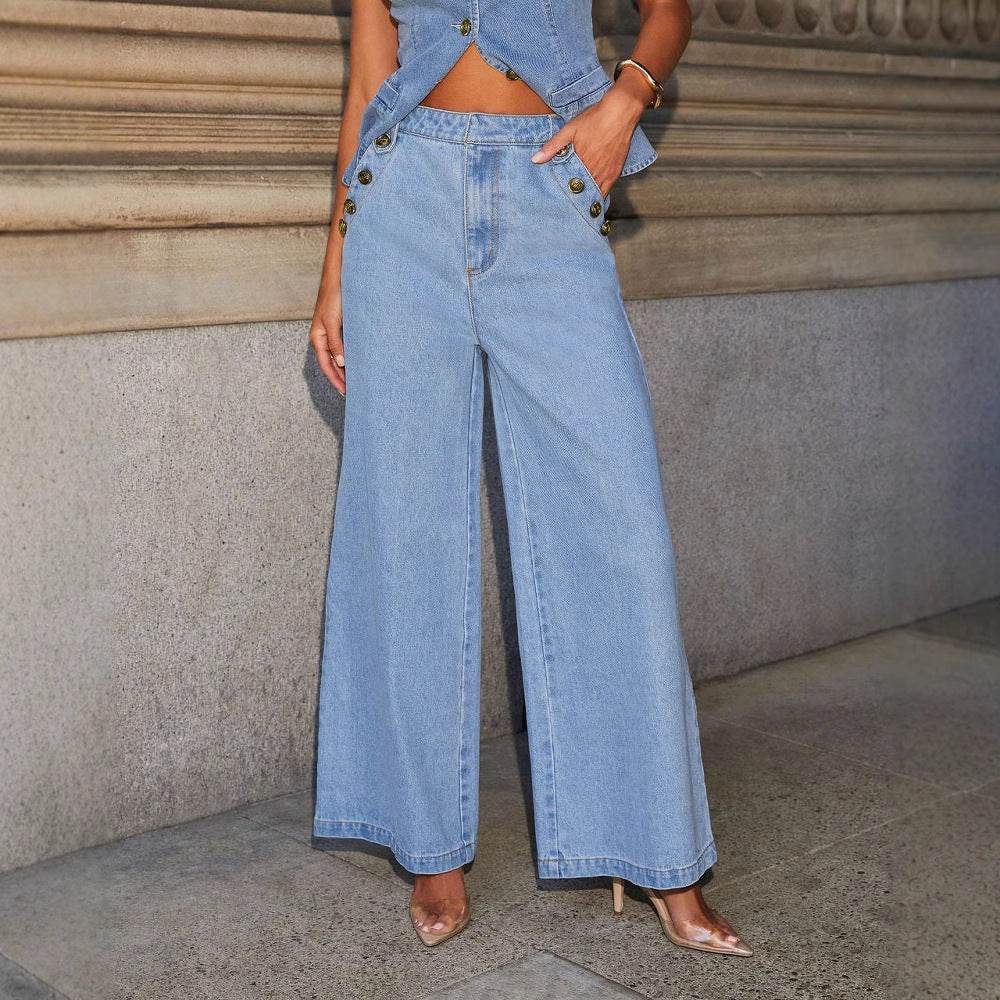 Denim Vest Suits Fashion Sleeveless Button Tops And Wide Leg Straight Pants With Pockets Women's Trousers Set - Odeita