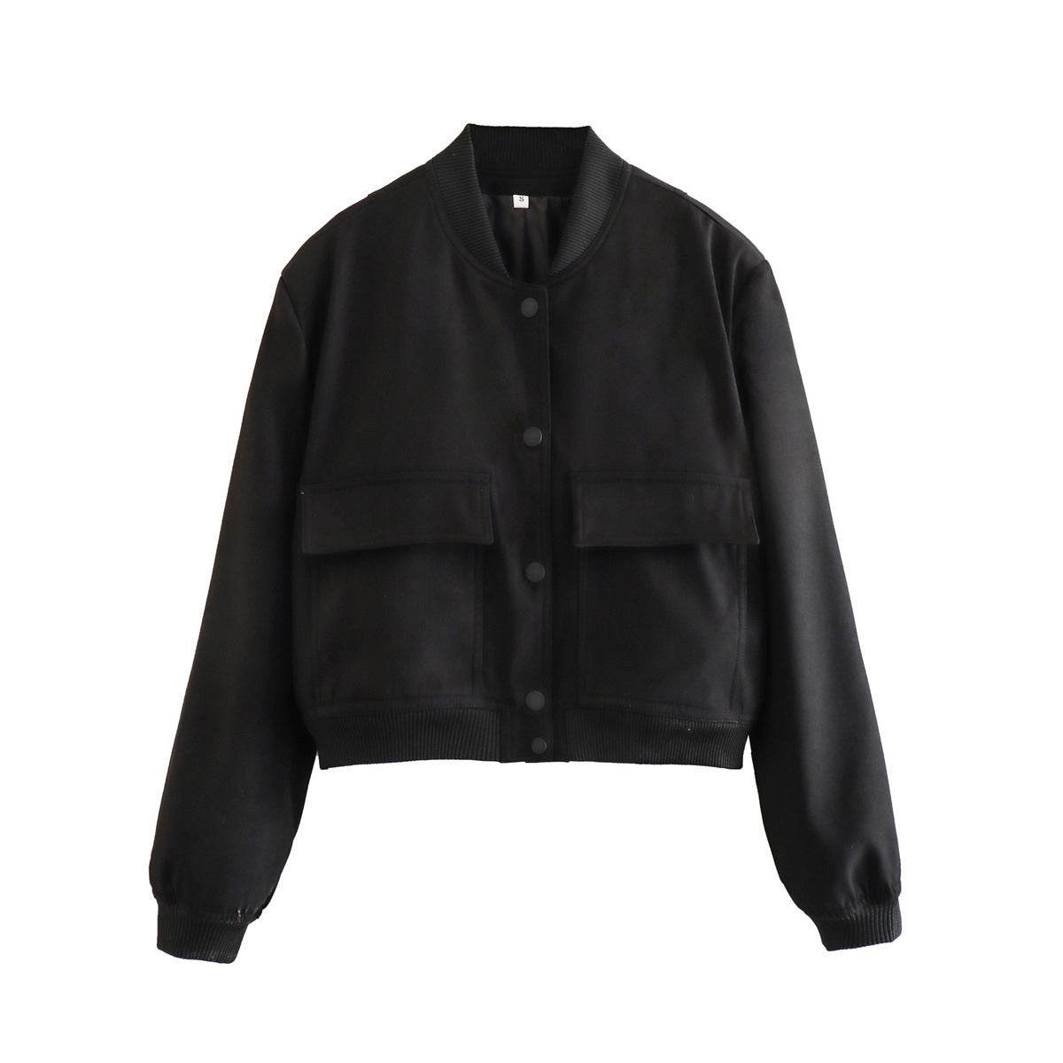 Casual Single-breasted Stand Collar Short Jacket With Pockets Fashion Long Sleeve Outwear Tops Coat For Womens Clothing - Odeita